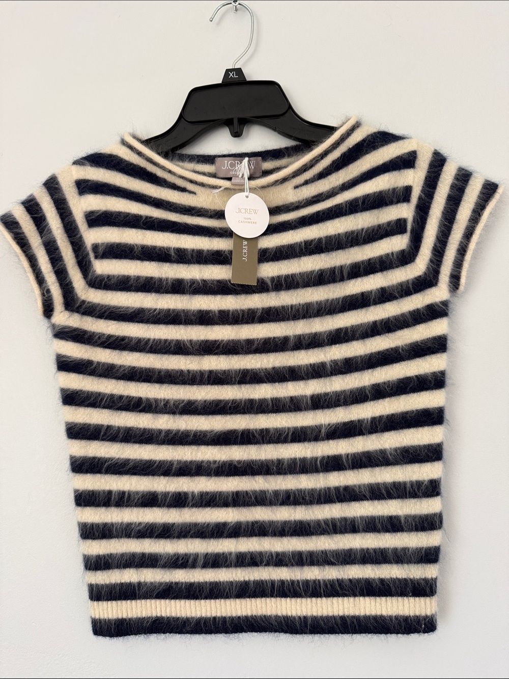 J. Crew Navy and Cream Striped Brushed Cashmere Short-Sleeve Sweater XXS
